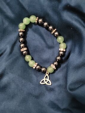 Green and Black Beaded Charm Bracelet with Celtic Knot